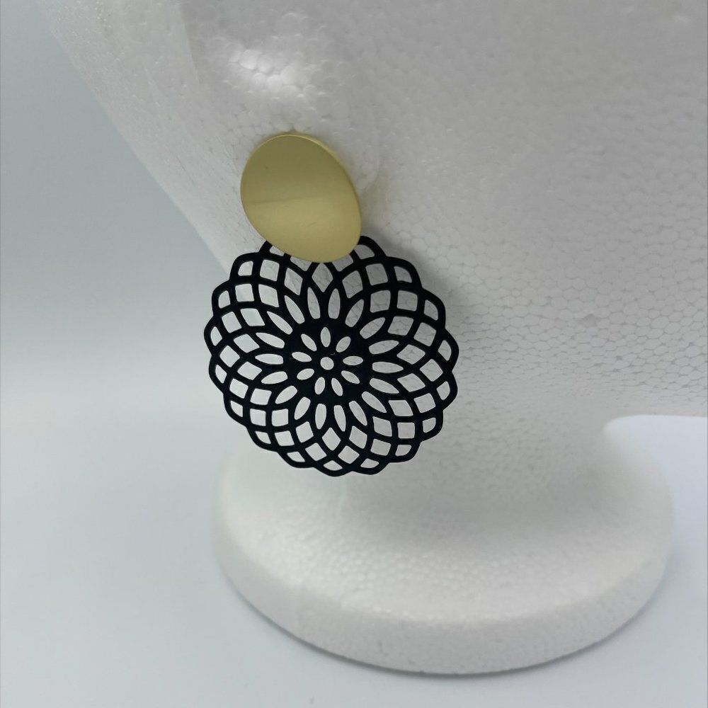New earring, geometric, statement, matt finished metal, on trend, black gold